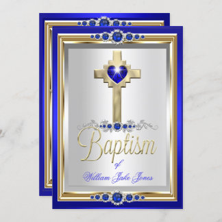 Baptism Christening Boys or Girls Cross Blue Pearl Invitation