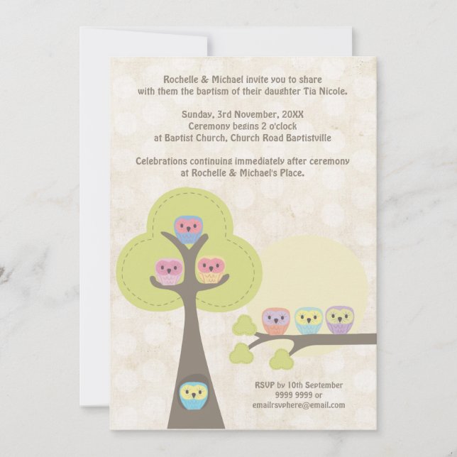 Baptism Christening Ceremony Cute Owls Invitation (Front)
