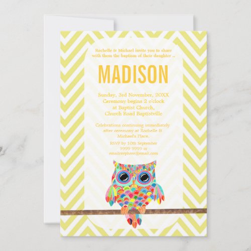 Baptism Christening Chevron Rainbow Owl Invite