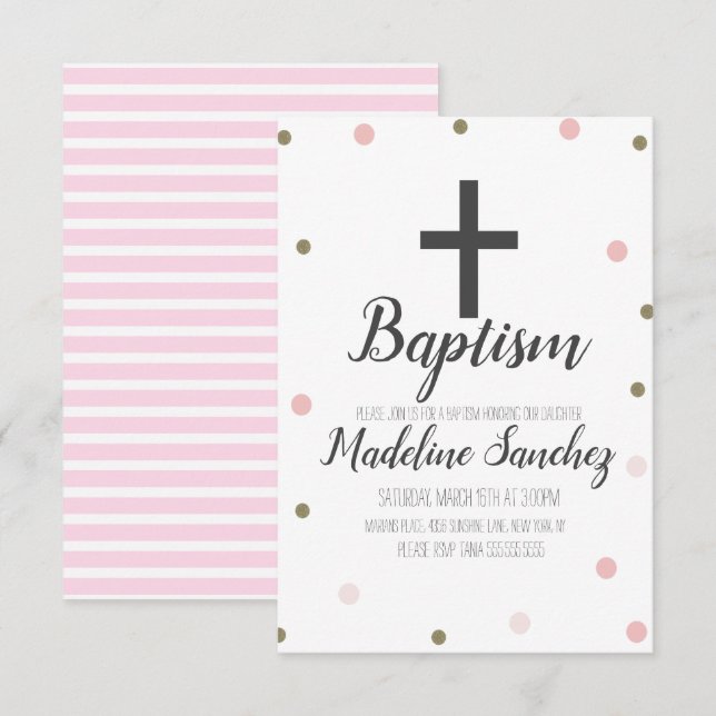 Baptism Christening Confetti Pink Foil Gold Dots Invitation (Front/Back)