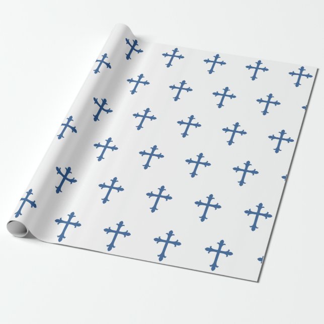 Baptism Christening Cross Confirmation Boy Blue Wrapping Paper (Unrolled)