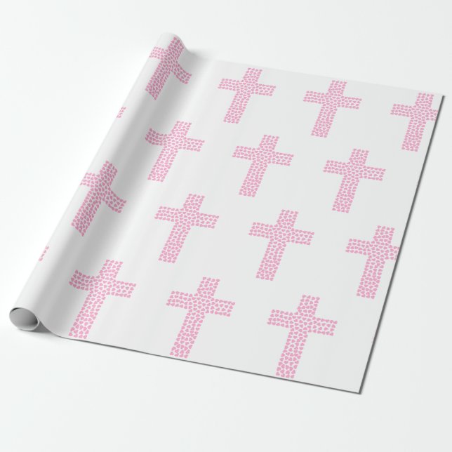 Baptism Christening Cross Confirmation Pink Wrapping Paper (Unrolled)
