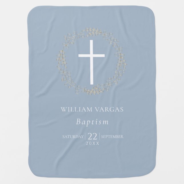 Baptism Christening Cross Floral Dusty Blue Baby Blanket (Front)