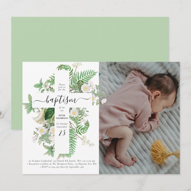 Baptism Christening Cross Greenery Custom Photo Invitation (Front/Back)