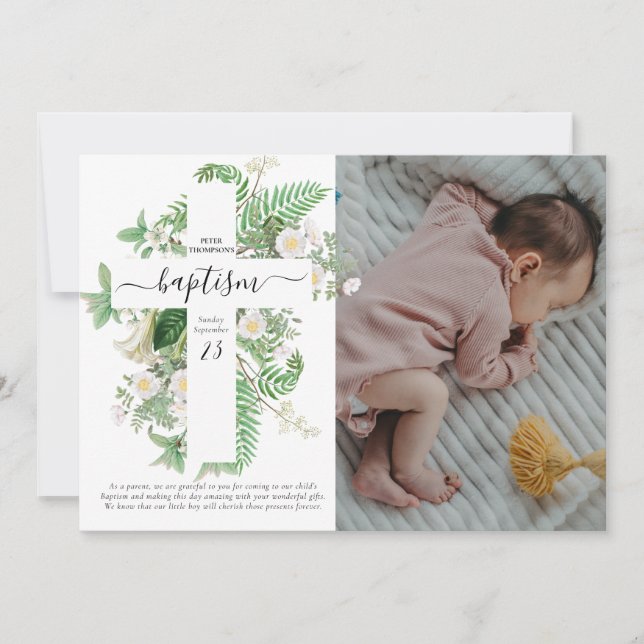 Baptism Christening Cross Greenery Custom Photo Thank You Card (Front)