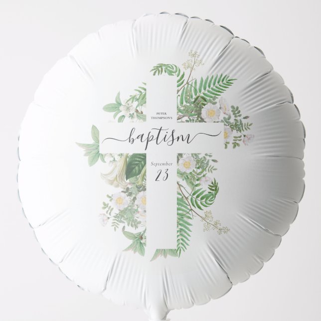 Baptism Christening Cross Greenery Gender Neutral Balloon (Front)