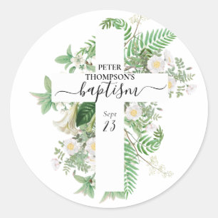 Baptism Christening Cross Greenery Gender Neutral Classic Round Sticker
