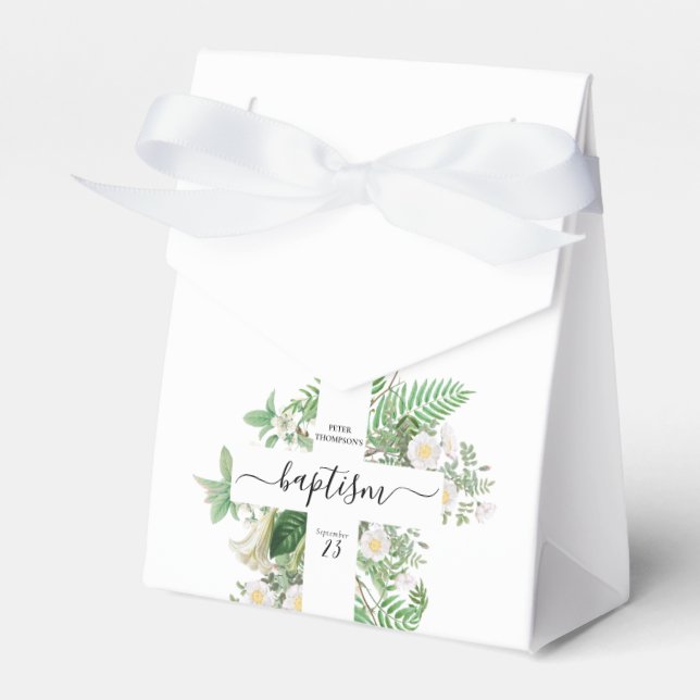 Baptism Christening Cross Greenery Gender Neutral Favor Boxes (Front Side)