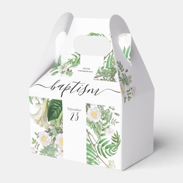 Baptism Christening Cross Greenery Gender Neutral Favor Boxes (Front Side)