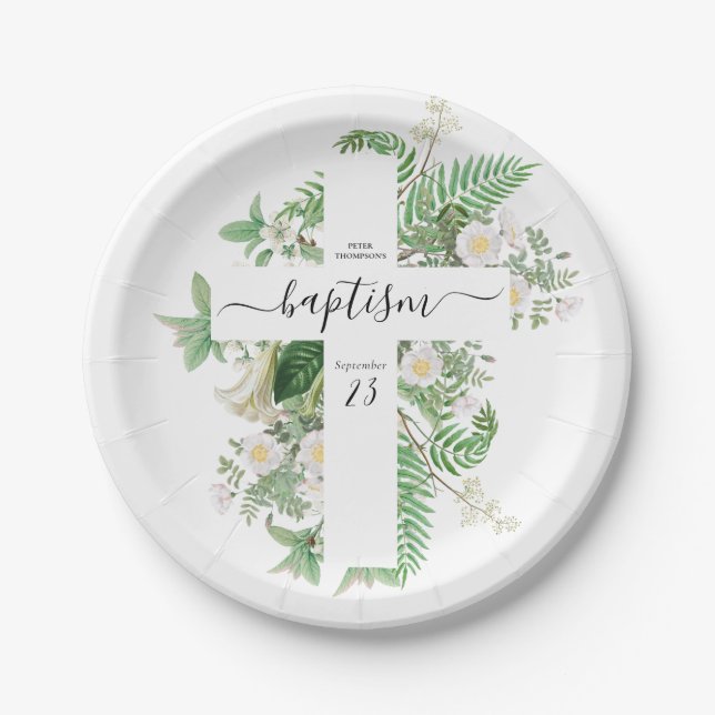 Baptism Christening Cross Greenery Gender Neutral Paper Plates (Front)