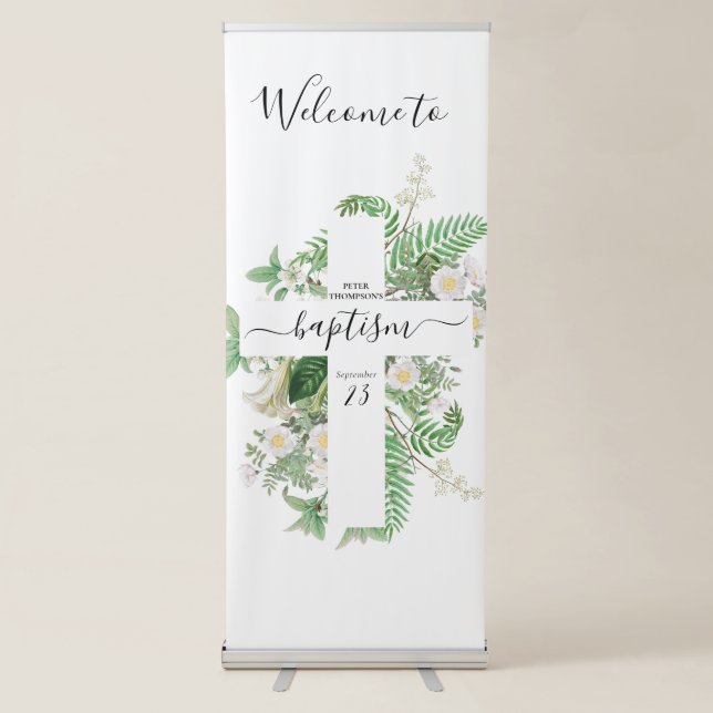 Baptism Christening Cross Greenery Welcome Sign (Front)