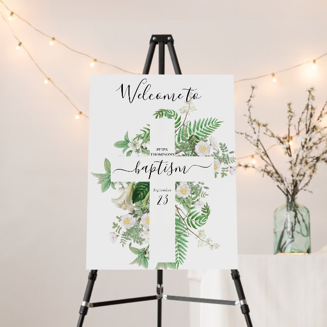 Baptism Christening Cross Greenery Welcome Sign (In Situ (Stand))