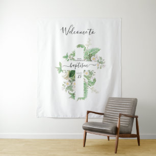 Baptism Christening Cross Greenery Welcome Sign Tapestry