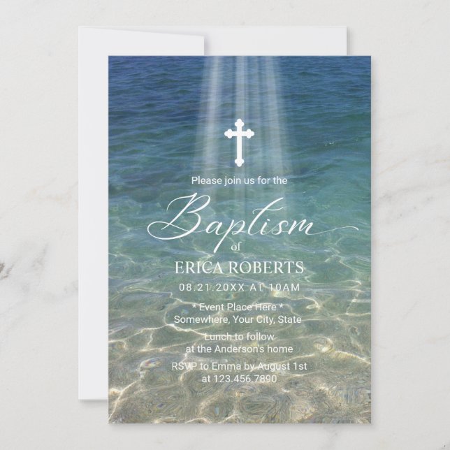 Baptism Christening Cross in Holy Light Beach Invitation (Front)