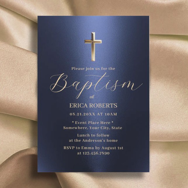 Baptism Christening Cross Modern Navy Blue & Gold Invitation (Creator Uploaded)