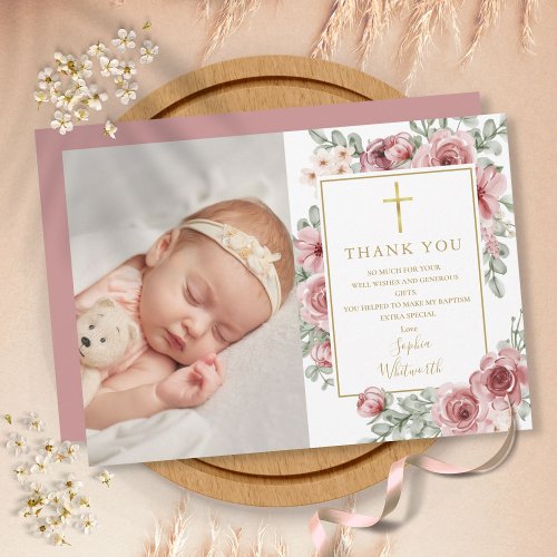 Baptism Christening Dusty Rose Floral Photo Thank You Card