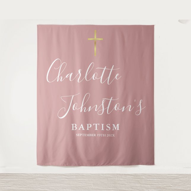 Baptism Christening Dusty Rose Pink Photo Backdrop (Front)