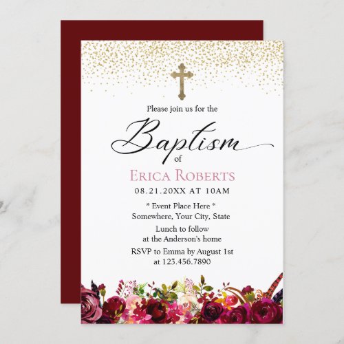 Baptism Christening Elegant Burgundy Red Floral Invitation