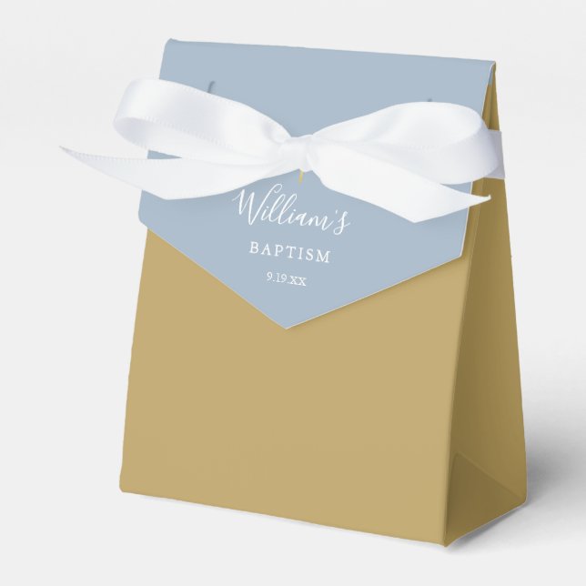 Baptism Christening Elegant Gold Dusty Blue Favor Boxes (Front Side)