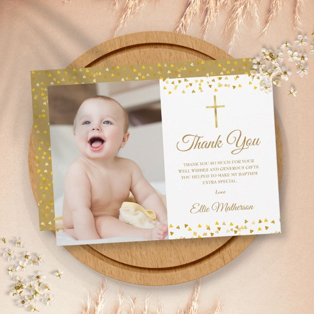  Baptism Christening Elegant Golden Hearts Photo  Thank You Card (Creator Uploaded)