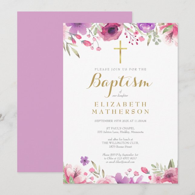 Baptism Christening Elegant Pink Rose Floral Invitation (Front/Back)