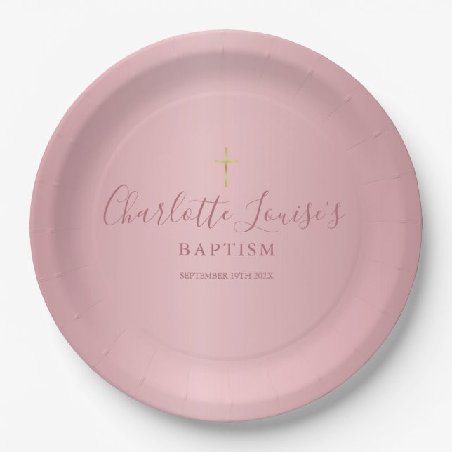 Baptism Christening Elegant Rose Gold Script Paper Plates (Front)