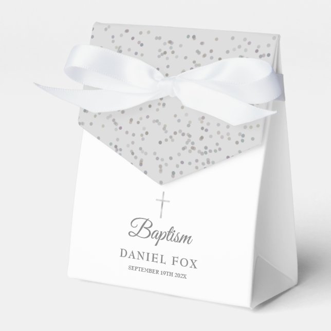 Baptism Christening Elegant Silver Stardust Favor Boxes (Front Side)