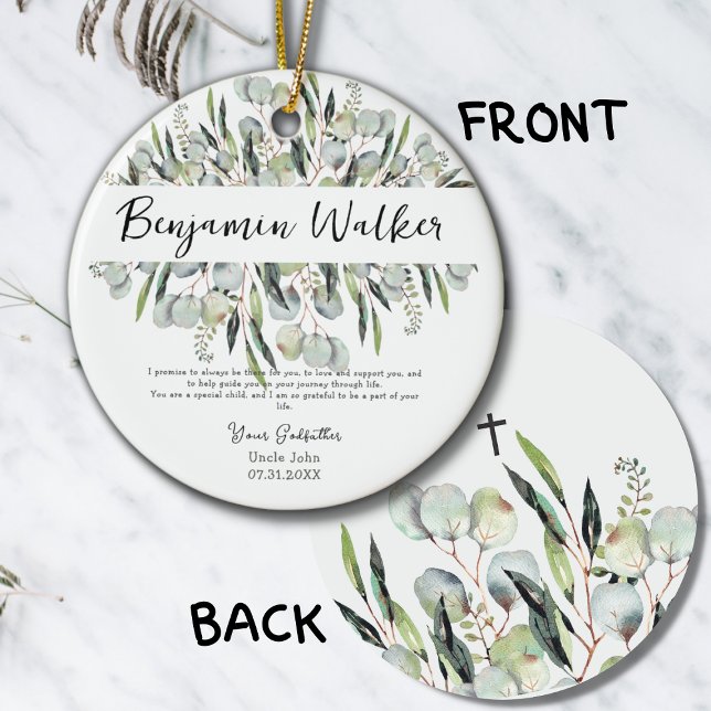 Baptism Christening Eucalyptus Leaves Godfather Ceramic Ornament (Creator Uploaded)