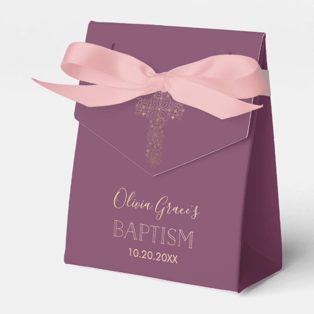 Baptism, Christening Favor Box - Girl, Gold Cross (Front Side)