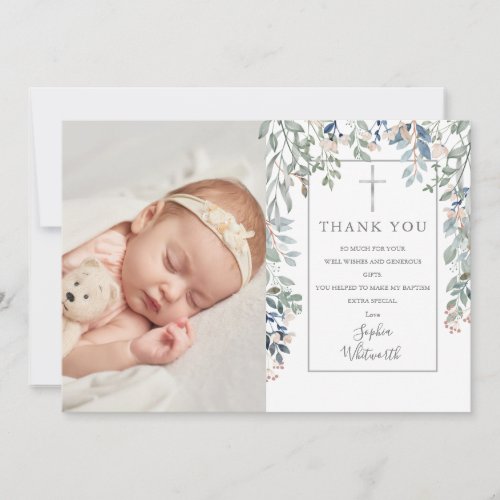 Baptism Christening Floral Foliage Photo Thank You Card