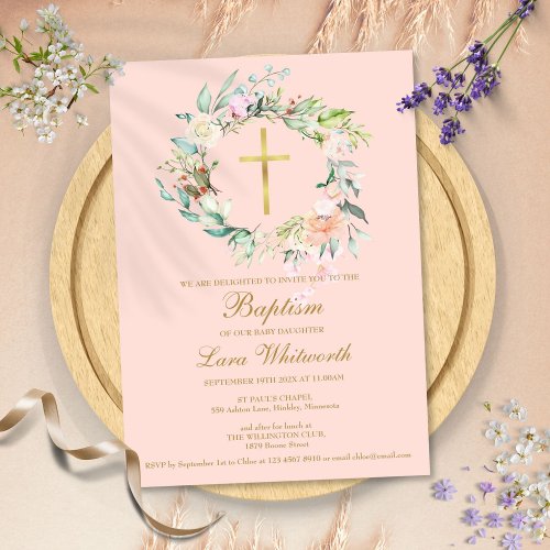 Baptism Christening Floral Garland Blush Pink Invitation