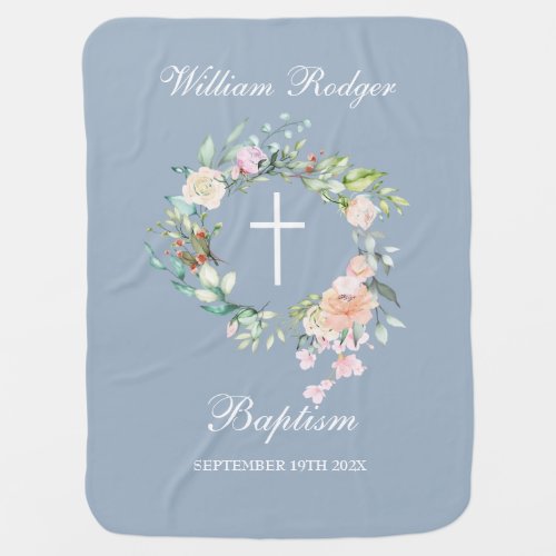 Baptism Christening Floral Garland Dusty Blue Baby Blanket