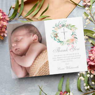 Baptism Christening Floral Garland Photo Thank You Card