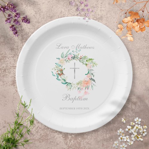 Baptism Christening Floral Silver Cross  Paper Plates