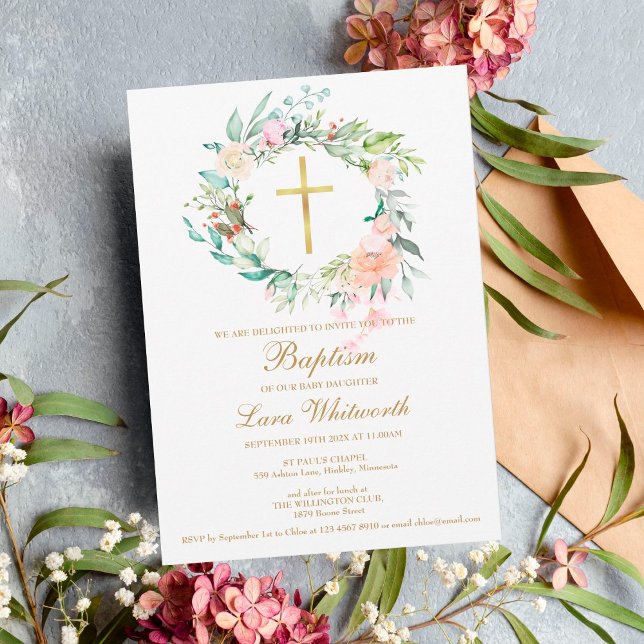 Baptism Christening Floral Watercolor Garland Invitation (Creator Uploaded)