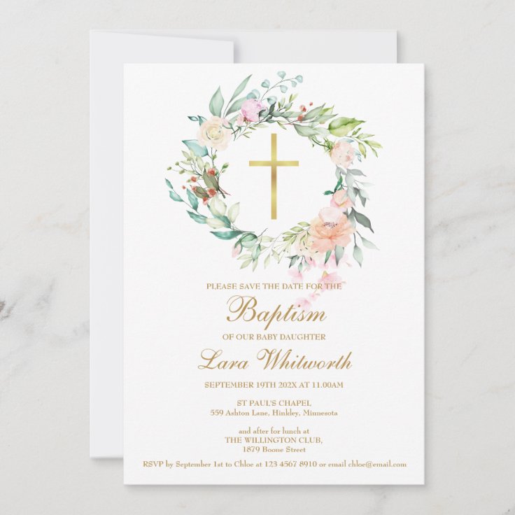 Baptism Christening Floral Watercolor Garland Save The Date | Zazzle