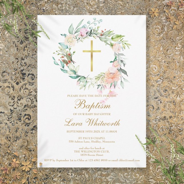 Baptism Christening Floral Watercolor Garland Save The Date (Baptism Christening Floral Watercolor Garland Save The Date)
