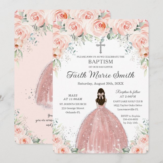 Baptism Christening Girl Blush Floral Roses Silver Invitation (Front/Back)