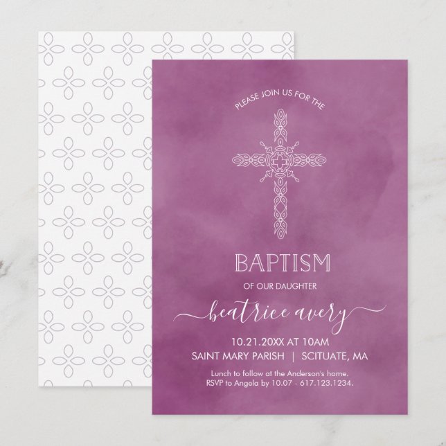 Baptism, Christening Girl Invitation Elegant Cross (Front/Back)