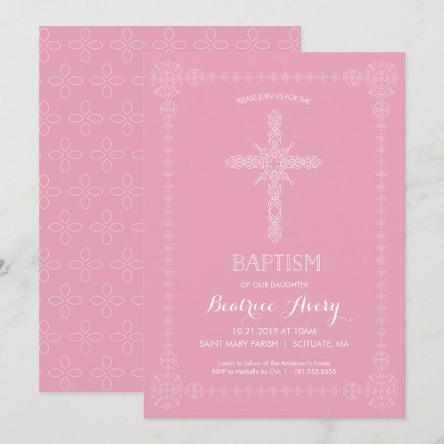 Baptism, Christening Girl Invitation Elegant Cross (Front/Back)