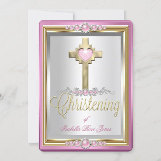 Baptism Christening Girls Cross Pink Pearl 2 Invitation