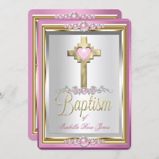 Baptism Christening Girls Cross Pink Pearl Invitation