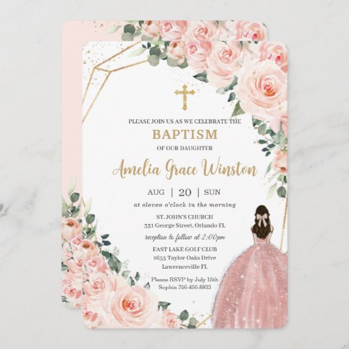 Baptism Christening Gold Blush Floral Flowers Girl Invitation