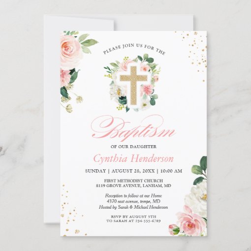 Baptism Christening Gold Blush Pink Floral Cross Invitation | Zazzle