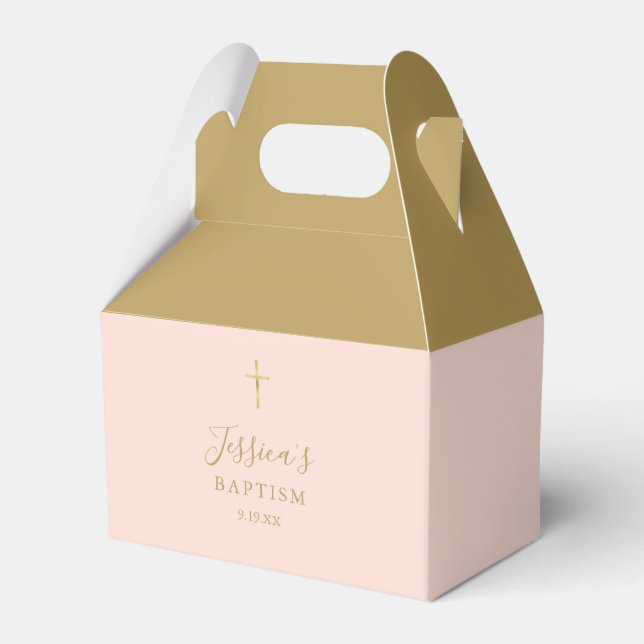 Baptism Christening Gold Cross Blush Pink Favor Boxes (Front Side)