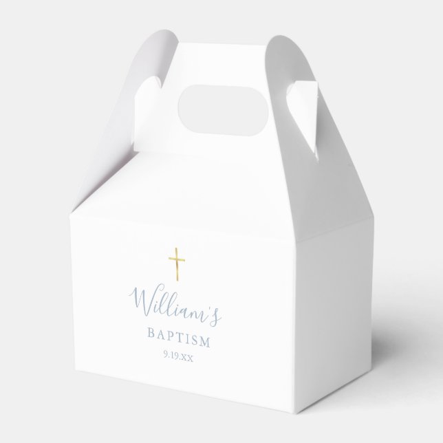Baptism Christening Gold Cross Dusty Blue Favor Boxes (Front Side)