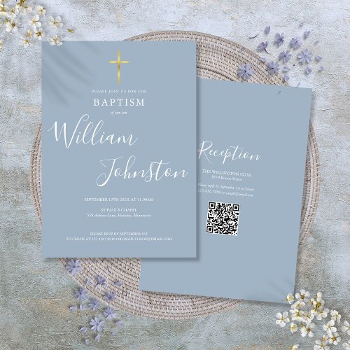 Baptism Christening Gold Cross Dusty Blue QR Code Invitation