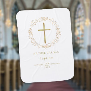Baptism Christening Gold Cross Floral Baby Blanket