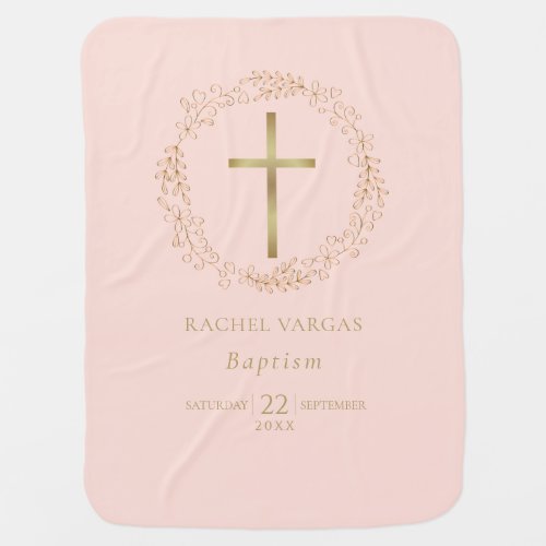 Baptism Christening Gold Cross Floral Blush Pink Baby Blanket