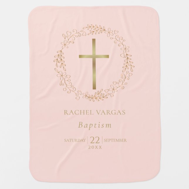 Baptism Christening Gold Cross Floral Blush Pink Baby Blanket (Front)